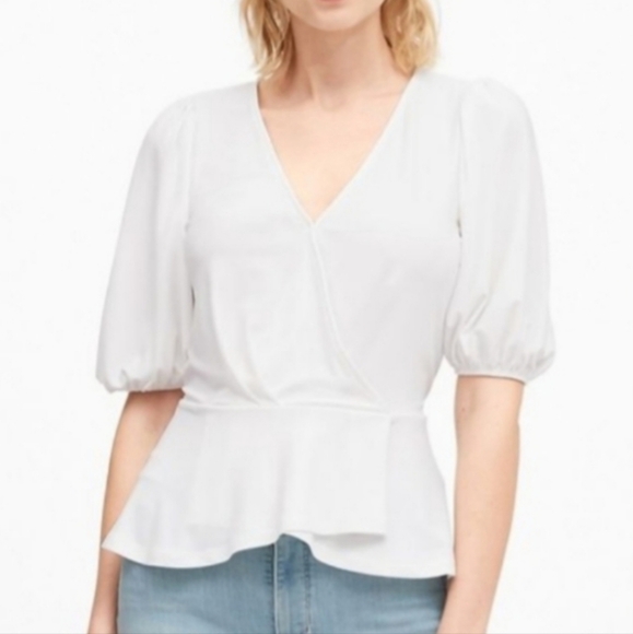 New Banana Republic Women's V-neck Puff Sleeve Peplum Hem Faux Wrap Top Blouse - Picture 1 of 3